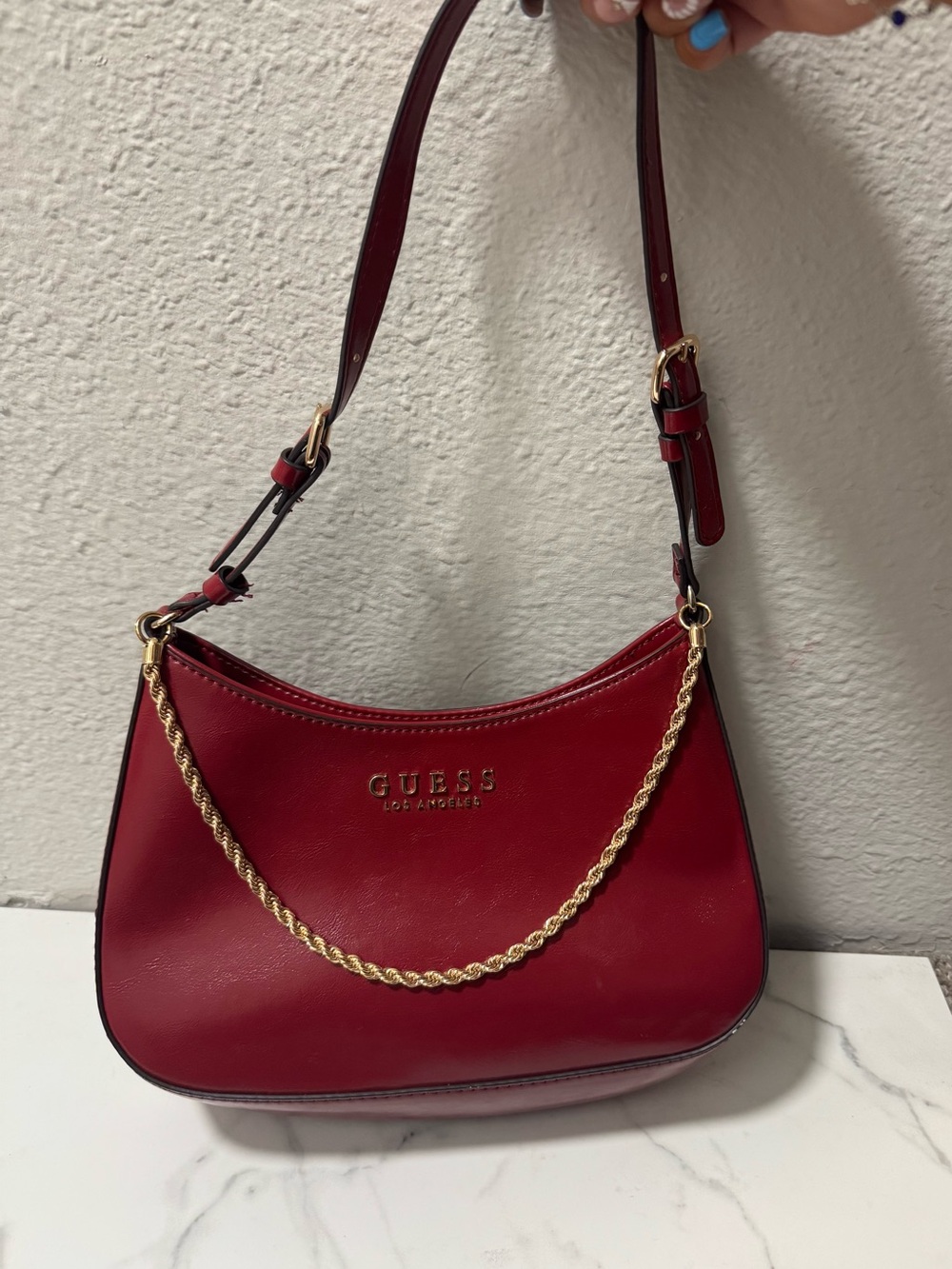 GUESS Burgundy Shoulder Bag with Gold Chain Detail - Picture 2 of 5